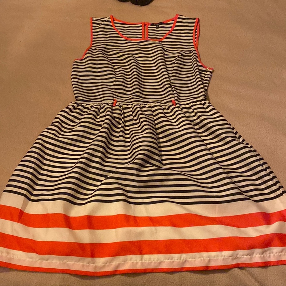Monteau EUC Black & Cream striped dress with orange accents on trim and skirt
